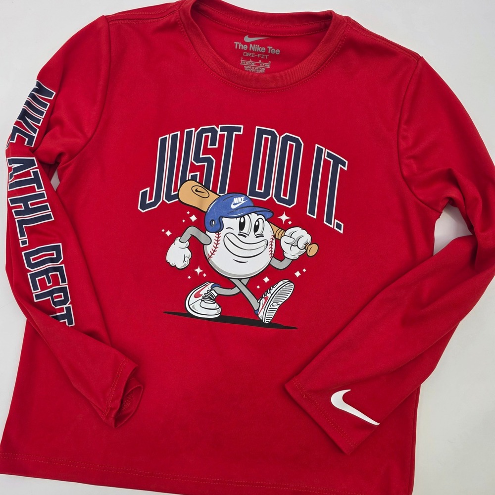 NIKE DRI FIT BASEBALL SHIRT BOYS SIZE 7 RED LONG SLEEVE JUST DO IT GRAPHIC YOUTH
